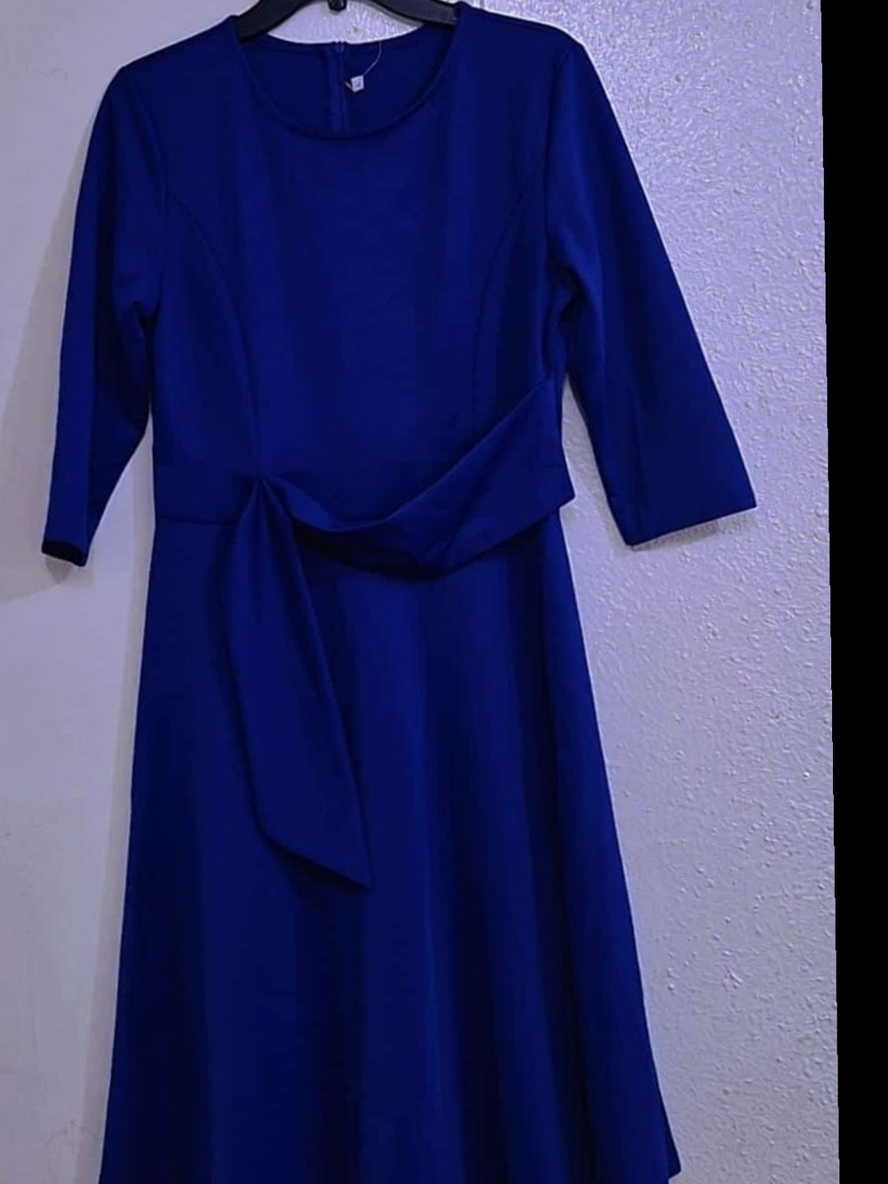 Elegant Cobalt Blue Long Sleeve Midi Dress with Waist Tie